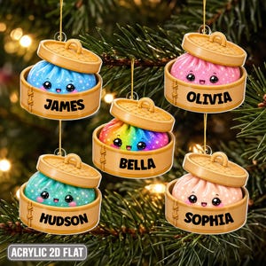 May include: Five acrylic 2D flat Christmas ornaments shaped like bamboo steamers containing cute, smiling dumplings. The dumplings are blue, pink, rainbow, teal, and peach, each personalized with the names James, Olivia, Bella, Hudson, and Sophia.
