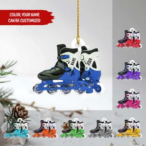 May include: A pair of blue and black roller skates with the text "NAME" and "2024" printed on them. The skates are hanging from a gold string. The text "COLOR, YOUR NAME CAN BE CUSTOMIZED" is in a red banner. Several pairs of colorful roller skate ornaments are also shown.