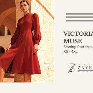 May include: Rust-colored Victorian-style dress with long sleeves and a button-down front. The dress has a high collar and a flared skirt. The image also includes the text "VICTORIAN MUSE Sewing Patterns XS - 4XL" and the Studio Zayra logo.