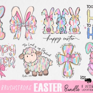 May include: A set of eight pastel Easter-themed digital illustrations featuring bunnies, a lamb, a cross, a bow, and text that says "Happy Easter" and "Too Hip to Hop".