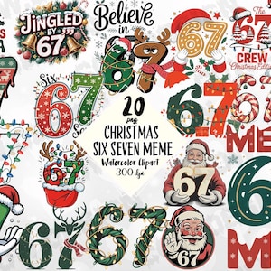 May include: A collection of Christmas-themed graphics featuring the numbers 6 and 7. Designs include Santa Claus, reindeer, and festive text like "Merry" and "Christmas." The images are in red, green, and white.