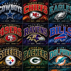 May include: A grid of nine NFL team logos including the Dallas Cowboys, Kansas City Chiefs, Philadelphia Eagles, San Francisco 49ers, Baltimore Ravens, Buffalo Bills, Pittsburgh Steelers, Green Bay Packers, and Miami Dolphins with city skylines.