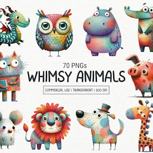 Cute Whimsical Quirky Animals Clipart PNG Funny Safari Sublimation Whimsy Woodland animals illustration, Commercial Use, Digital Download