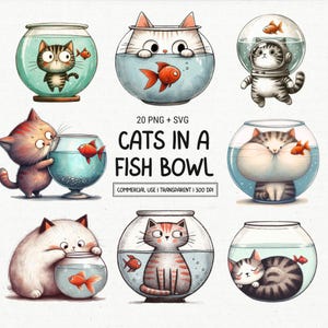 Gato en una pecera - 20 gatitos caprichosos de acuarela PNG - Imágenes de animales de dibujos animados de ensueño de fantasía SVG - Descarga digital de lindos gatos domésticos