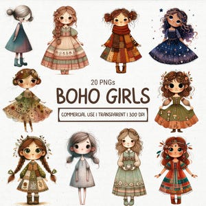 20 Whimsical Boho Girls PNG Clipart Cute Calm Woman Quirky Cartoon Whimsy Hippie Lady Sublimation Graphics, Commercial Use, Digital Download