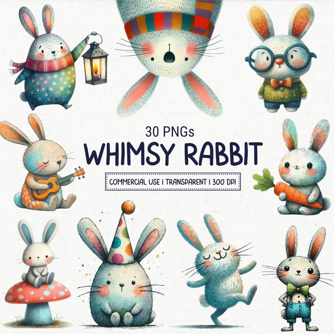 30 Whimsical Rabbit Clipart Quirky Bunny PNG, Funny Easter Sublimation ...