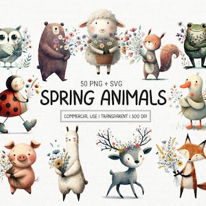 Bundle mignon boho printanier animaux de la forêt Clipart PNG & SVG - animaux de safari de jardin drôles et originaux avec des fleurs et des éléments floraux