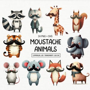 Animais engraçados com bigode, clipart PNG e SVG – Pais fofos de animais de safári para o Dia dos Pais, download digital para impressão | Uso comercial