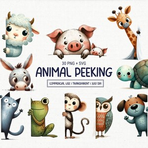 Cute Animals Peeking Clipart SVG & PNG Bundle Funny Quirky Animal Bird Faces Sublimation Images Commercial Use Digital Download