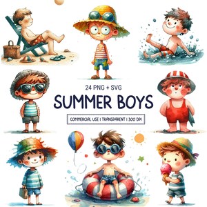 Bundle lunatique de garçons d'été des cliparts PNG SVG – 24 images de sublimation de saison chaude originale de dessin animé mignon de plage, téléchargement numérique, usage commercial