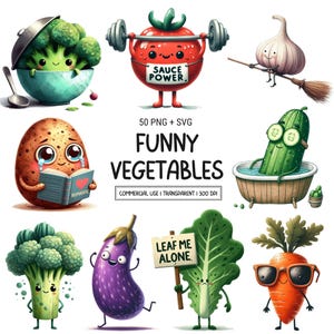 Paquete de 50 imágenes PNG y SVG de verduras divertidas: imágenes de verduras adorables y originales para manualidades de sublimación, uso comercial y descarga digital.