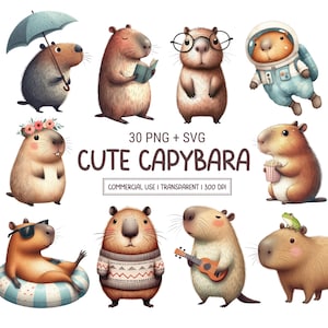 Cute Capybara PNG & SVG Clipart Bundle Funny Quirky Animals Sublimation Kawaii Rodent Rat Pig illustration Commercial Use Digital Download