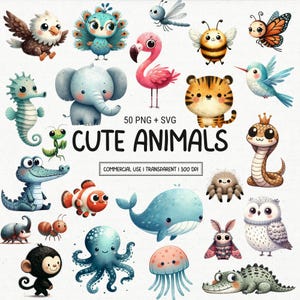 50 graziosi animali, uccelli, insetti e creature marine Clipart PNG SVG Bundle - Illustrazione stravagante ad acquerello - Download digitale per uso commerciale