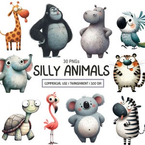 Lindos y divertidos animales de safari clipart, peculiares y divertidos PNG de vida silvestre sublimación ilustración de animales del bosque uso comercial descarga digital