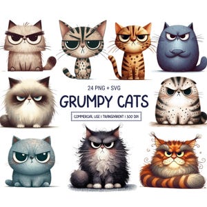 Cute Grumpy Cats Clipart PNG & SVG Bundle – 24 Whimsical Funny Kitten in Cartoon Style, Kids Animal Art for Sublimation, Commercial Use