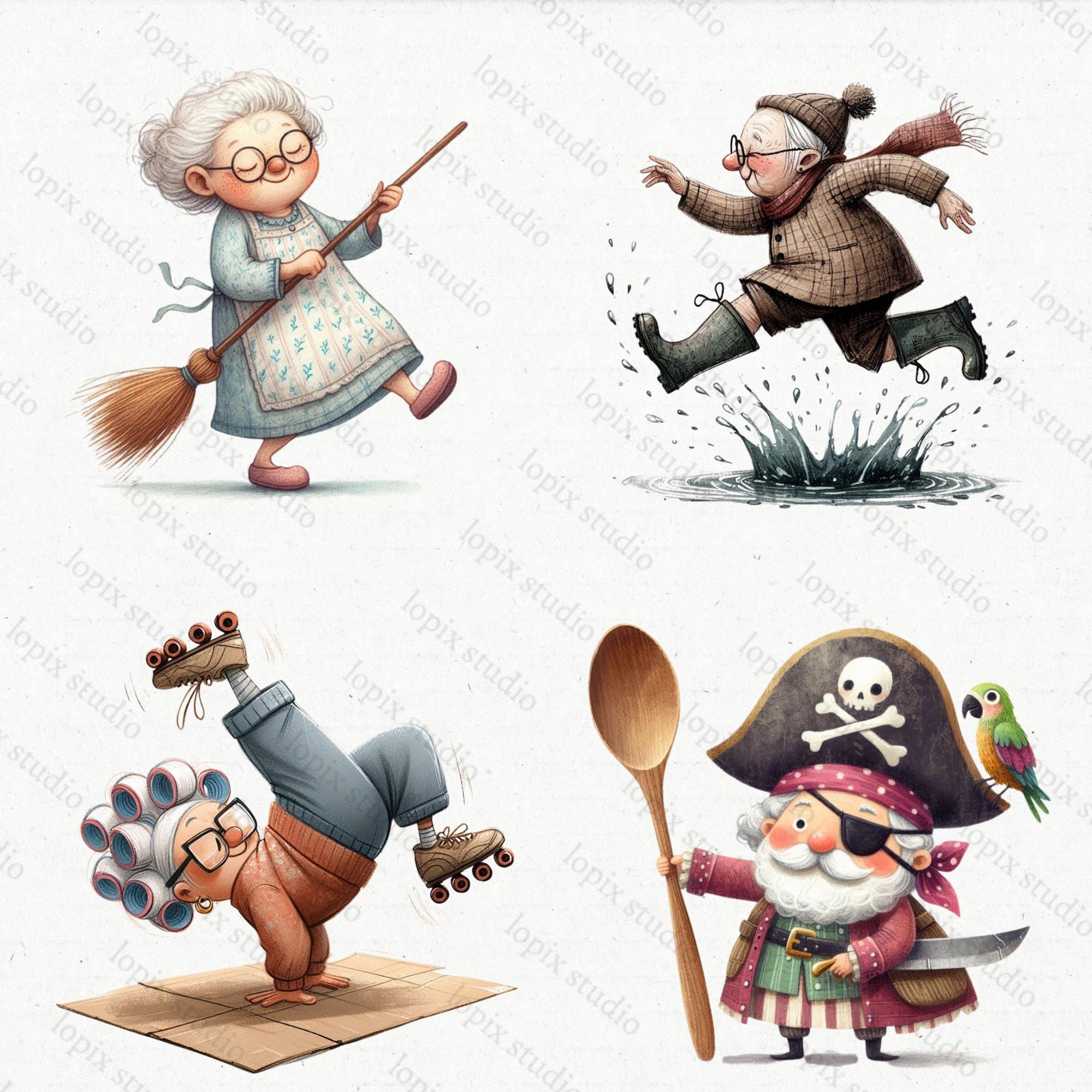 Quirky Old Grandma Clipart PNG & SVG Bundle – 37 Funny Whimsical Granny ...