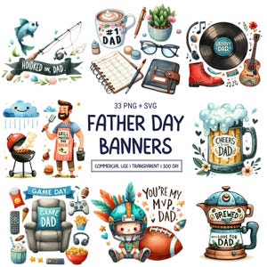 Happy Father's Day banners clipart PNG & SVG-33 afdrukbare graphics aquarel papa-thema voor kaarten, ambachten, sublimatie | Commercieel gebruik