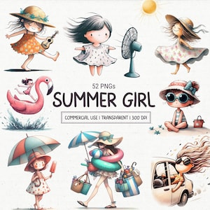 Summer Beach Girls Clipart Whimsical Quirky PNG Cartoon Whimsy Hot Season Girls Sublimation Image Bundle, Commercial Use Digital Download