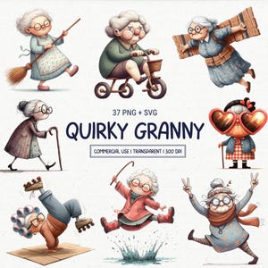 Quirky Old Grandma Clipart PNG & SVG Bundle – 37 Funny Whimsical Granny Woman Cartoon Illustrations for Sublimation, Digital Download