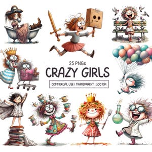 Cute Crazy Quirky Girls PNG Clipart Whimsical Funny Woman Cartoon Lady Sublimation Graphics Image Bundle, Commercial Use Digital Download