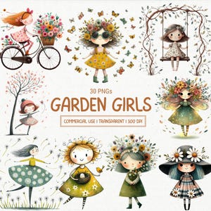 Paquete de imágenes prediseñadas de chicas de jardín, lindas y caprichosas damas de primavera, que incluye flores, mariposas y más elementos de la temporada de primavera.