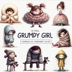 Grumpy Quirky Cute Girls PNG Clipart Whimsical Funny Woman Whimsy Angry Lady Sublimation Image Bundle, Commercial Use Digital Download