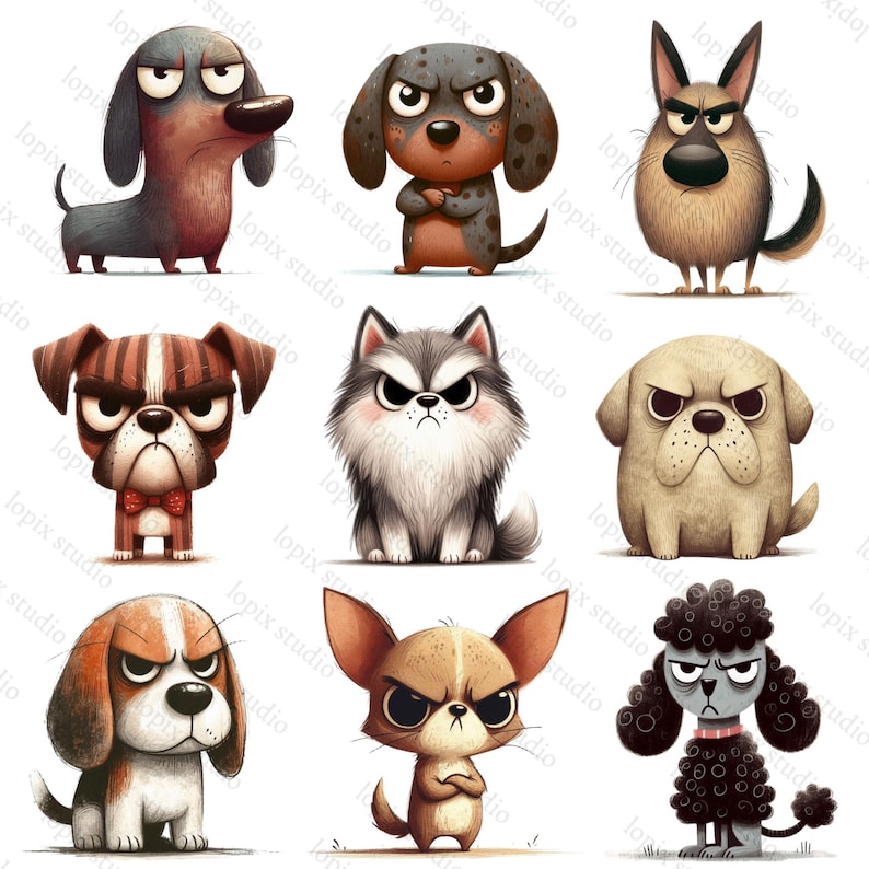 Grumpy Dogs Clipart PNG & SVG Bundle – 25 Watercolor Cute Whimsical ...