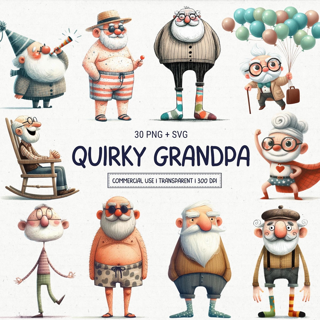 Quirky Grandpa Clipart PNG & SVG Bundle – 30 Funny Whimsical Old Man ...