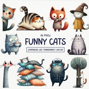 Lindos y divertidos gatos extravagantes PNG Clipart caprichoso gatito animales de dibujos animados libro de cuentos sublimación paquete de imágenes uso comercial descarga digital