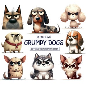 Grumpy Dogs Clipart PNG & SVG Bundle – 25 Watercolor Cute Whimsical Quirky Puppies in Cartoon Style, Kids Art for Sublimation Commercial Use