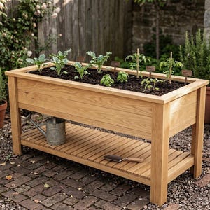 May include: A rectangular wooden raised garden bed with a lower slatted shelf. The planter is filled with dark soil and several small green vegetable plants, each marked with a small brown plant label. A metal watering can and a hand trowel sit below.