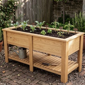 May include: A raised wooden garden bed with young plants and small wooden plant markers. The bed is made of light-colored wood and has a lower shelf. A watering can and trowel are on the shelf. The garden bed is outdoors.