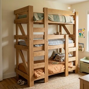 Triple Bunk Bed Plans PDF, Twin Over Twin Over Twin, Wooden 3 Tier Bunk Bed, DIY Woodworking Plan