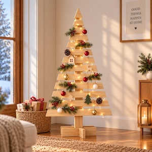 Peut inclure: Un sapin de Noël en bois clair composé de lattes horizontales avec un support vertical central et une base en croix. L'arbre est décoré de guirlandes lumineuses, d'ornements rouges et blancs, de branches de pin, de pommes de pin et de découpes en bois.