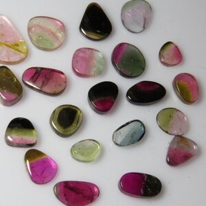 May include: A collection of 18 watermelon tourmaline gemstones in various shapes and sizes. The gemstones are a mix of pink, green, black, and gold colors.