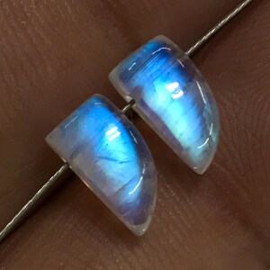 May include: Two polished moonstone cabochons, each with a curved trapezoid shape. The stones exhibit a vibrant blue adularescence, with white highlights and a subtle sheen. They are strung on a thin, silver-coloured wire.
