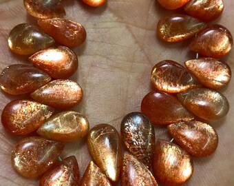 AAAA Sunstone Pear Briolettes: Polished Gemstone Beads, 6x11-8x16 mm (29 pcs