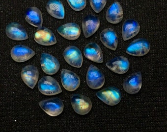 very nice quality gorgeous rainbow moonstone cabochon  tear drops  each pcs have blue fire strong size 8x12 mm 15  pcs