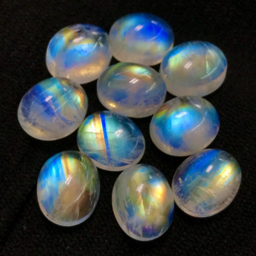 レインボームーンストーン　9ミリ　内径16.5 レインボームーンストーンカボション – 9 x 11 mm、フルフラッシュ