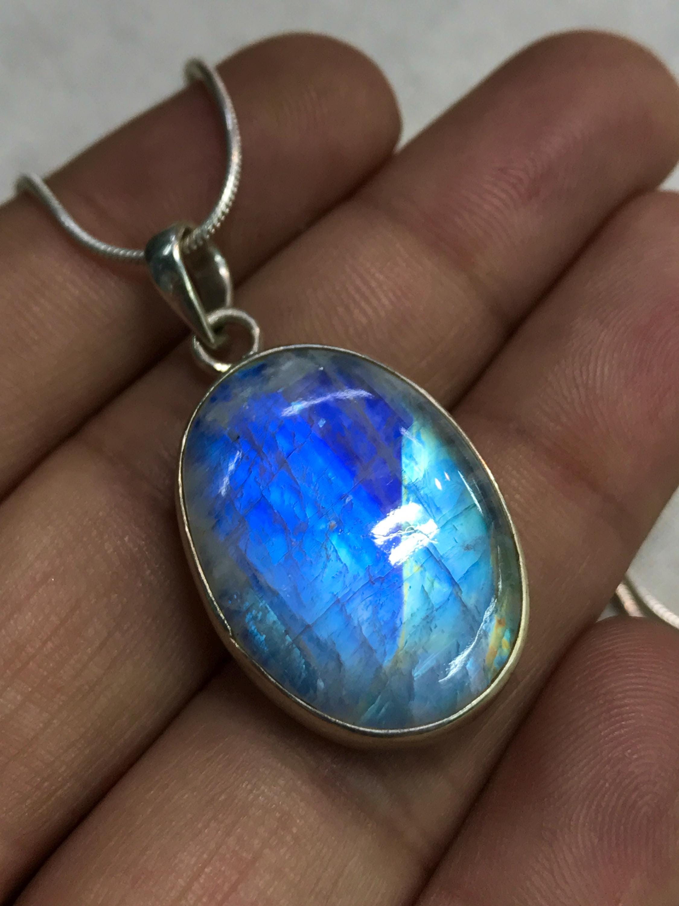 Rainbow Moonstone Pendant: Sterling Silver Strong Blue Flash