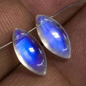 May include: Two oval moonstone beads with a striking blue flash. The gemstones are strung on a thin, silver wire. The polished stones have a translucent appearance with a pearly white base.