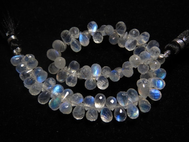 High Quality Micro Faceted Tear Drops Briolettes Gorgeous Blue Flashy Fire sparkle size- 8 Rainbow Moonstone AAAAA 8 Inches mm Long