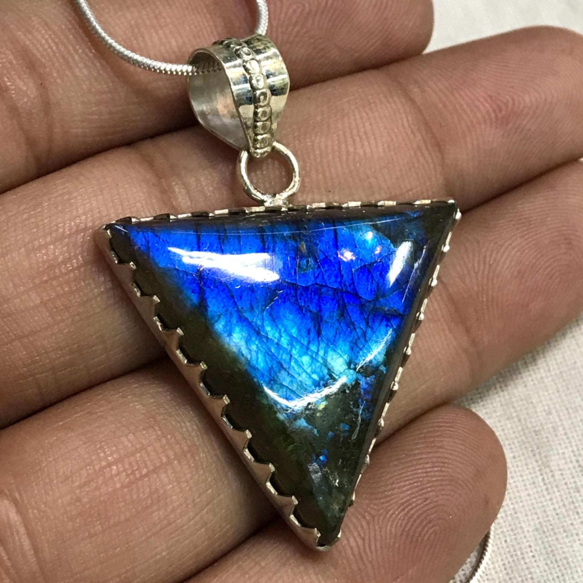 Sterling Silver Labradorite Pendant: Triangle Gemstone With Strong