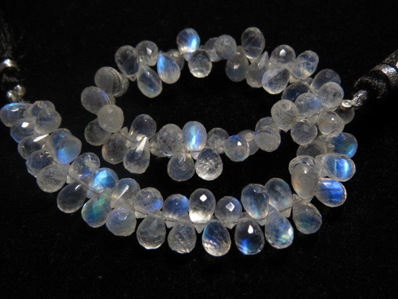 High Quality Micro Faceted Tear Drops Briolettes Gorgeous Blue Flashy Fire sparkle size- 8 Rainbow Moonstone AAAAA 8 Inches mm Long
