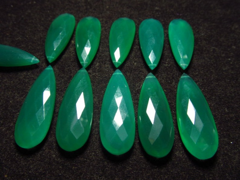 Gorgeous GREEN COLOUR CHALCEDONY 12x35 mm Long 3 Matched Pair Faceted Pear Briolett Drilled
