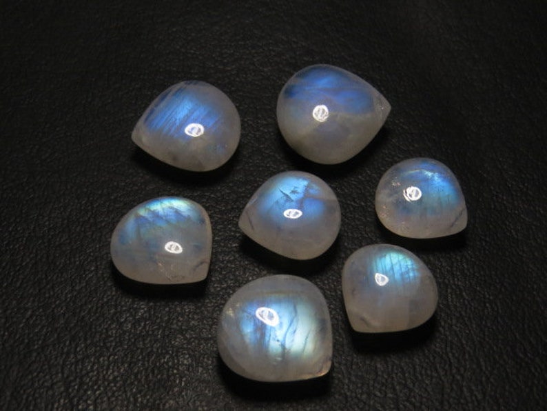 Rainbow Moonstone High Quality Smooth Heart shape Briolett- Gorgeous Blue Fire- size 12-14 mm AAA 7 pcs DRILLED Side By side
