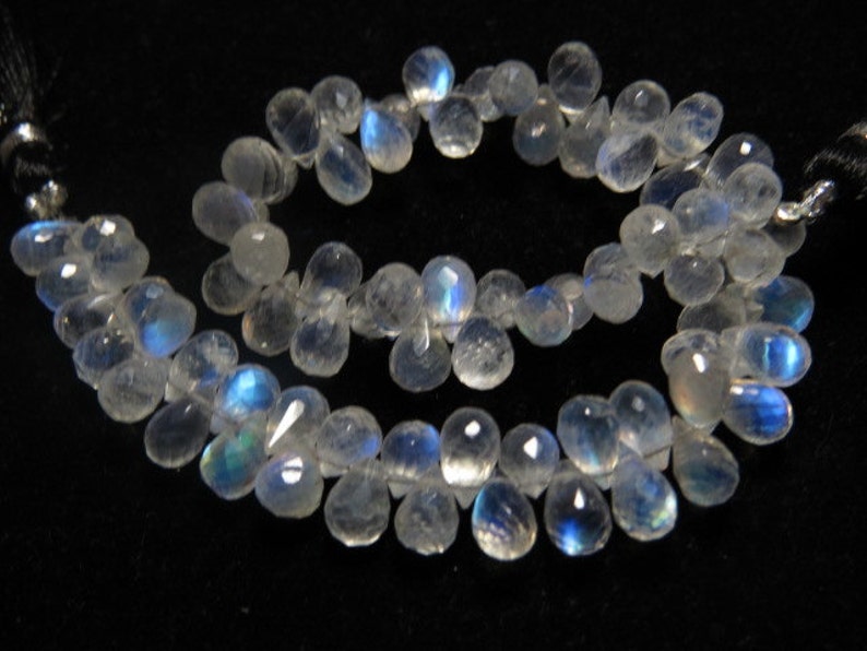 High Quality Micro Faceted Tear Drops Briolettes Gorgeous Blue Flashy Fire sparkle size- 8 Rainbow Moonstone AAAAA 8 Inches mm Long