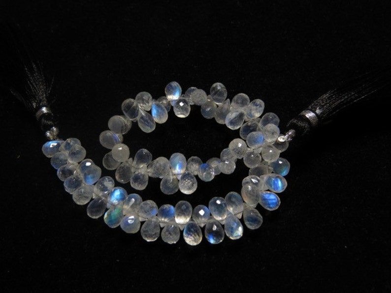 High Quality Micro Faceted Tear Drops Briolettes Gorgeous Blue Flashy Fire sparkle size- 8 Rainbow Moonstone AAAAA 8 Inches mm Long