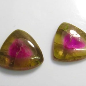 May include: Two triangular shaped green and pink tourmaline gemstones with a heart-shaped inclusion in the center.