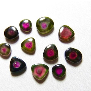 May include: A collection of 12 green, black, and pink tourmaline gemstones. The gemstones are cut into various shapes, including round, oval, and triangular. The gemstones are all polished and have a shiny finish.